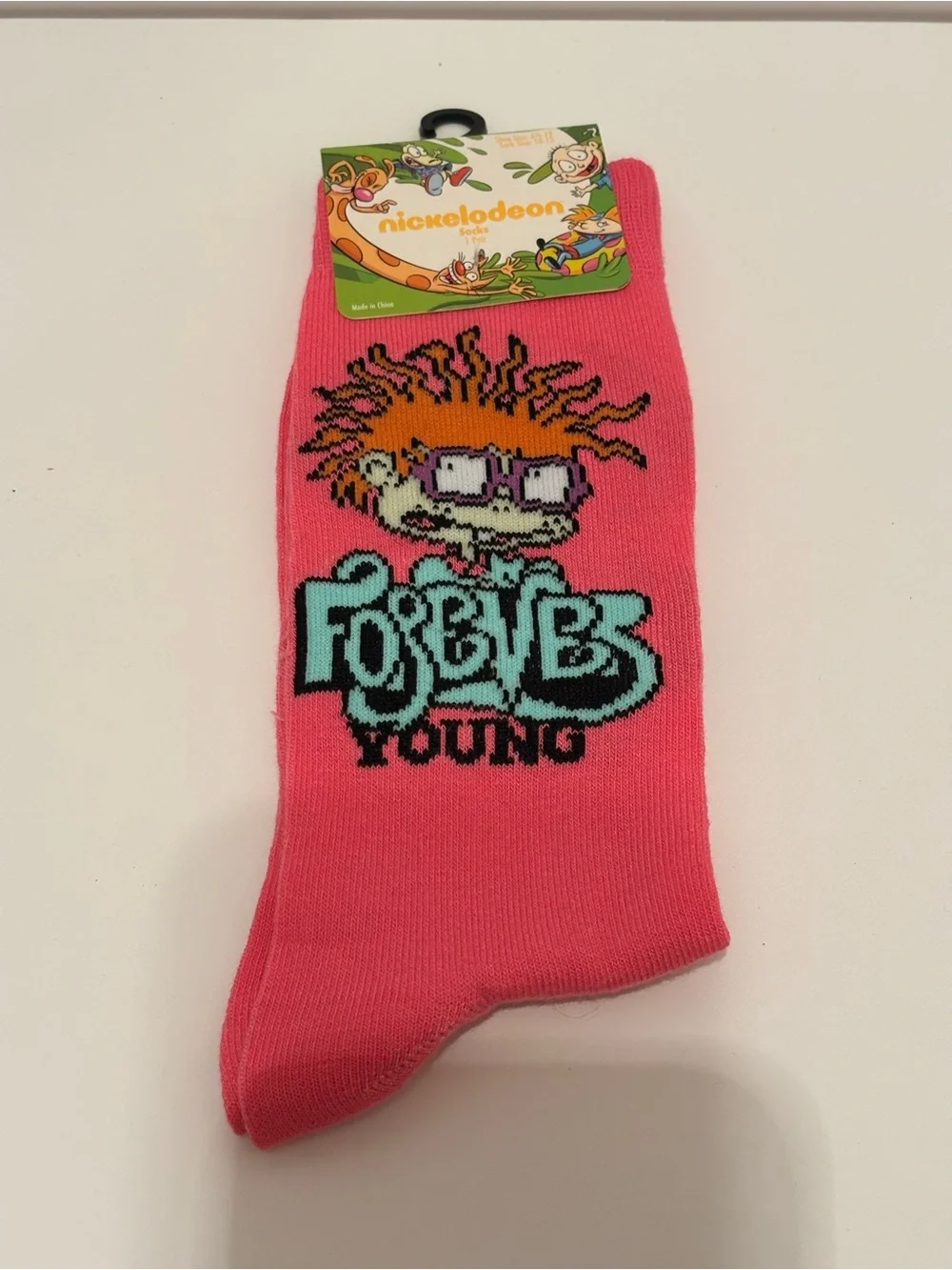 Nickelodeon Rugrats Chuckie Adult Shoe Size 6.5-12 Pink Graphic Crew Socks